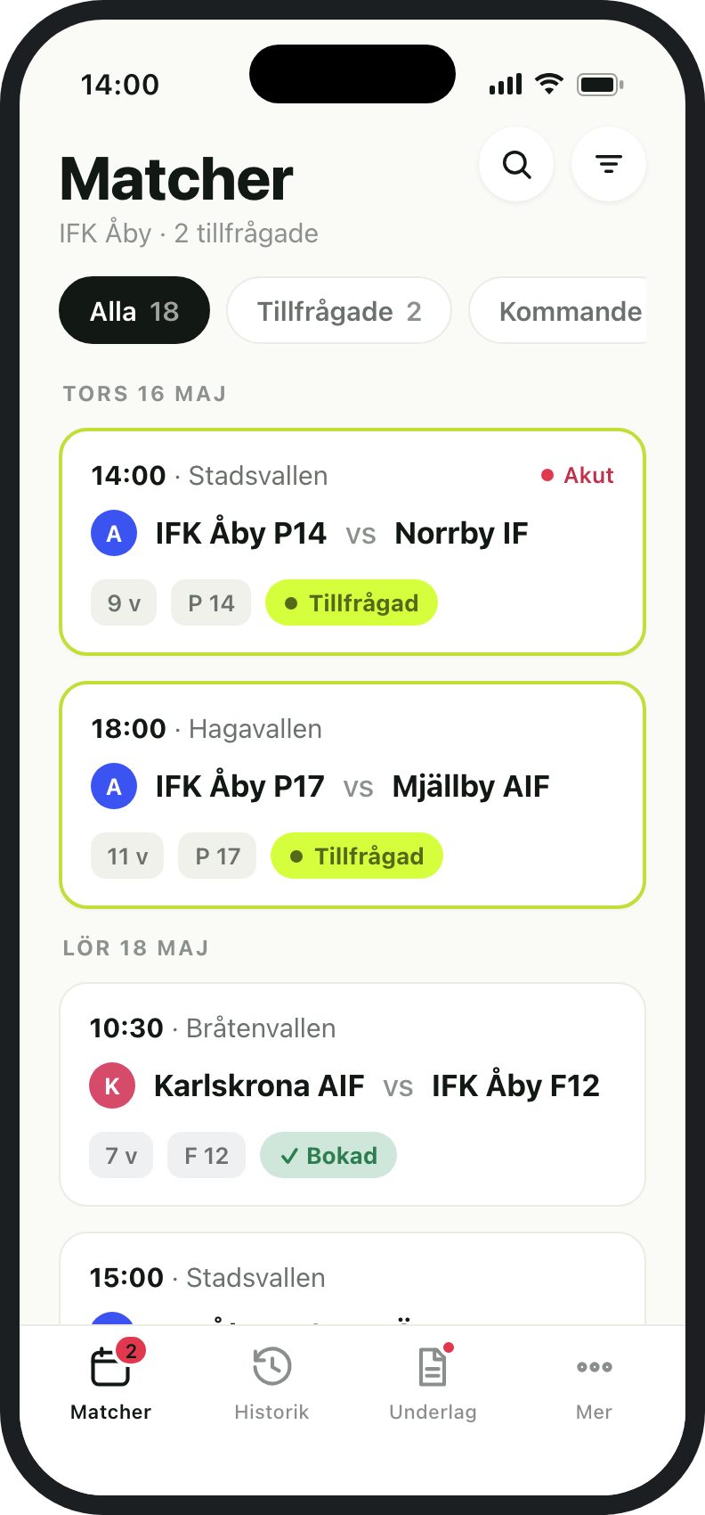 Appens matchlista &ndash; domaren ser helgens matcher och bokar sig sj&auml;lv.