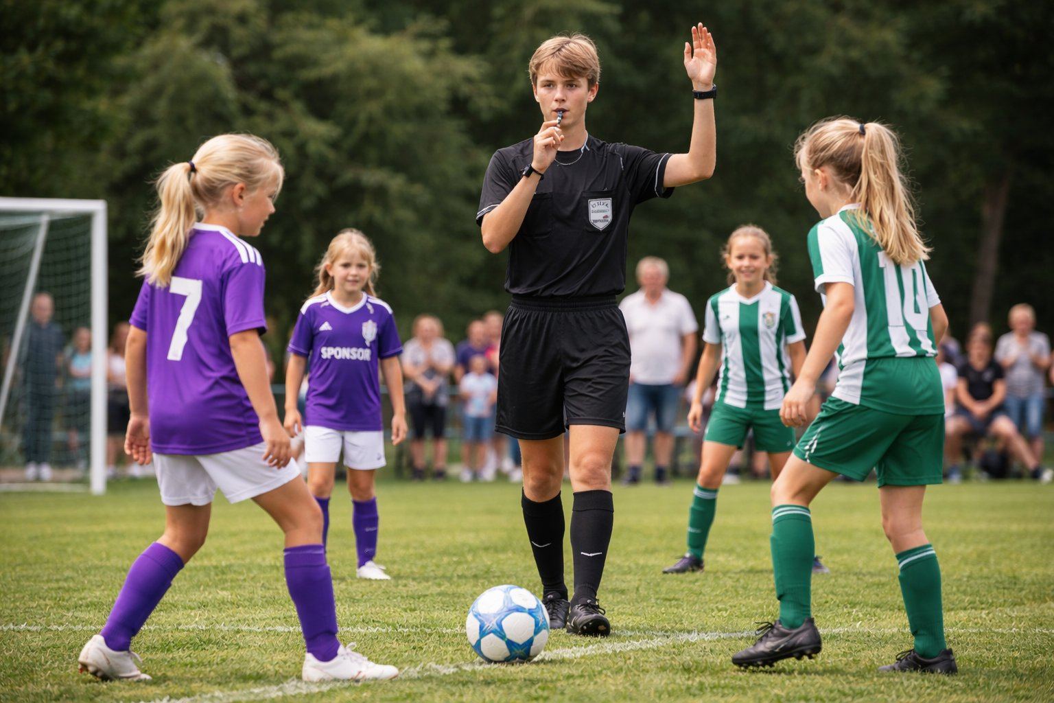 Ungdomsdomare blickar ut &ouml;ver en fotbollsmatch.